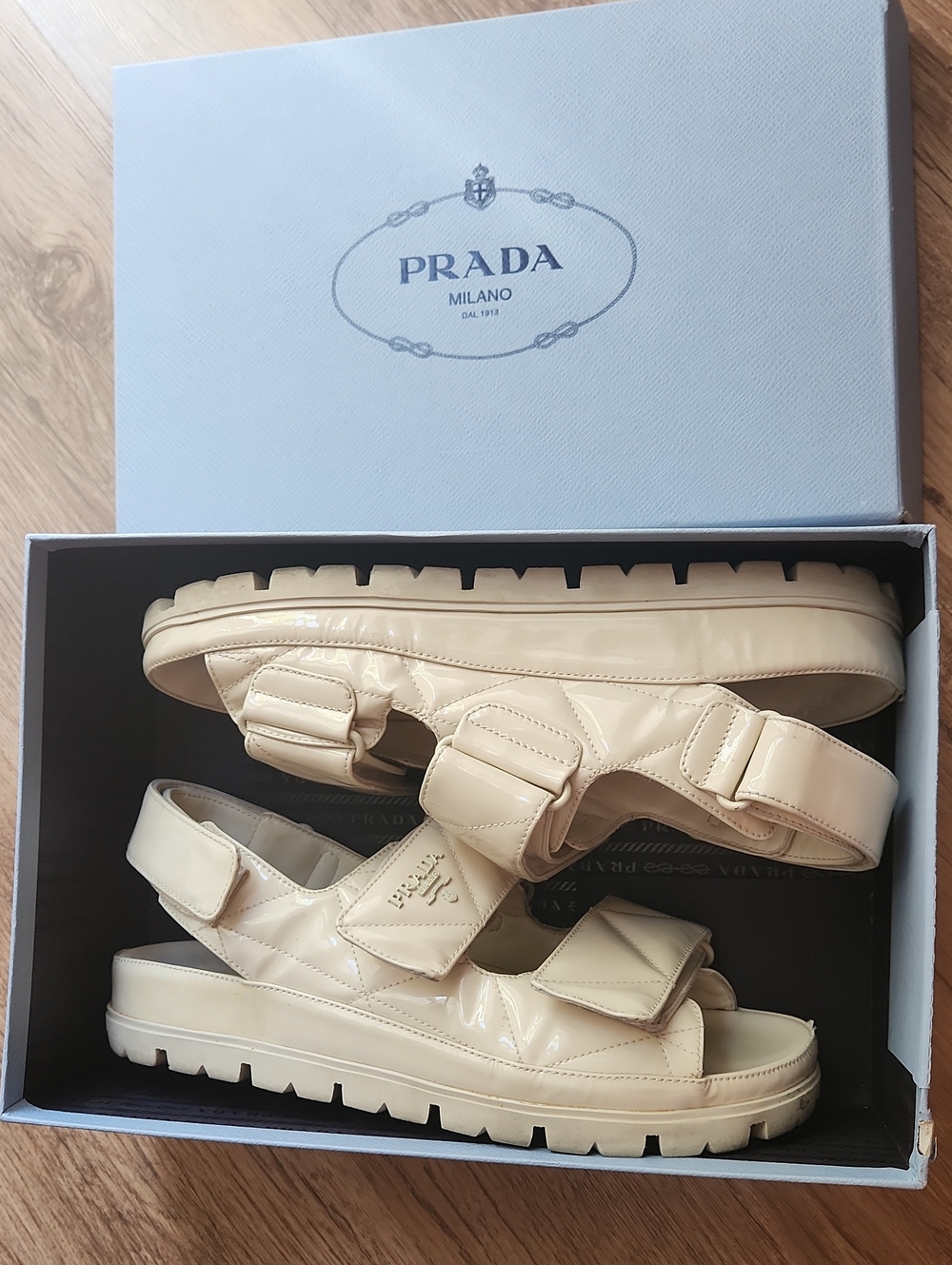 Prada Beige Quilted Leather Platform Velcro Sandals Size 39